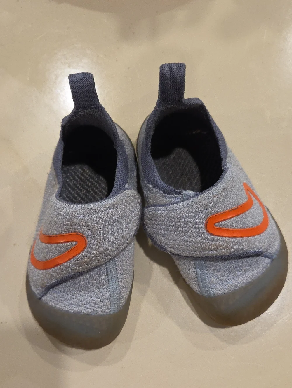 Nike Kids Blue-Gray Water Shoes with Orange Swoosh Size 7C